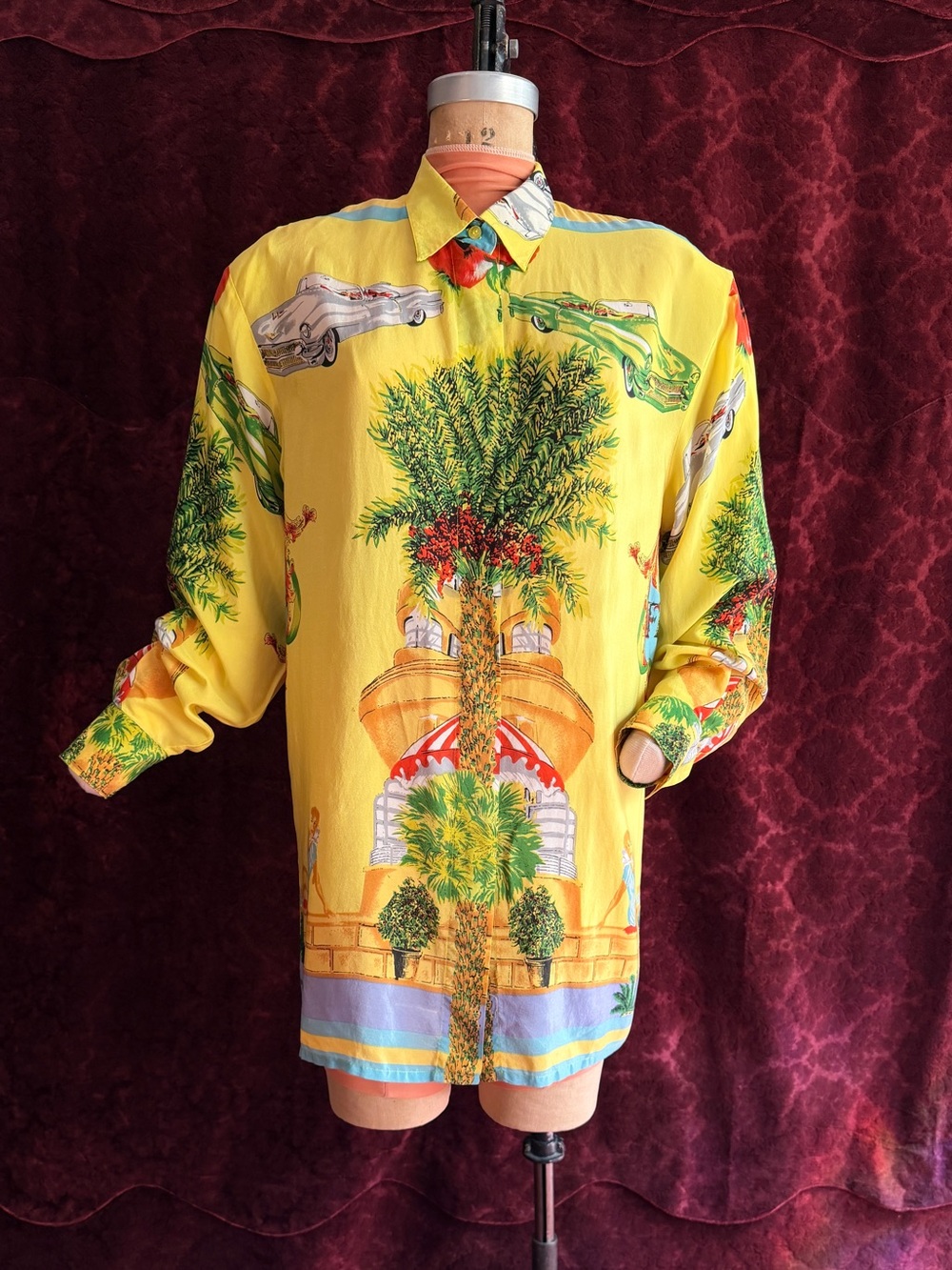 Yellow Tropical Car Pin up Print Silk Mini Shirt Dress